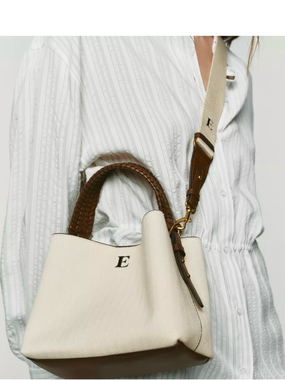 Zara Cream Shoulder Bag with Brown Braided Handle